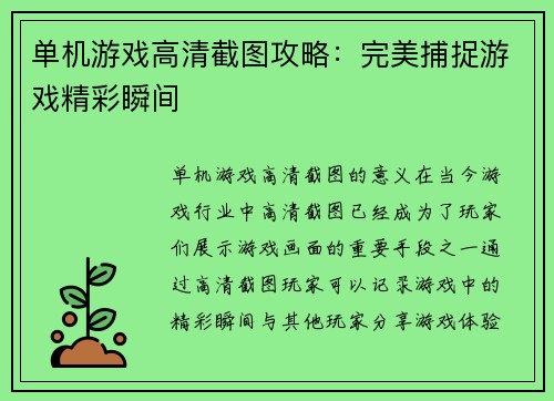 单机游戏高清截图攻略：完美捕捉游戏精彩瞬间